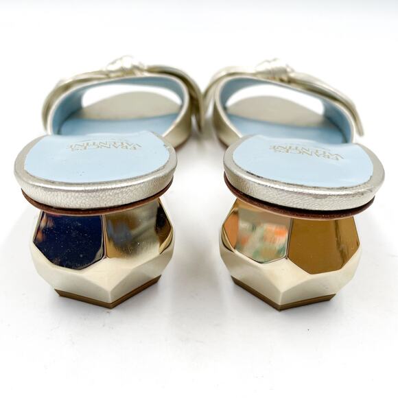 Frances Valentine Bottie Bow Heels Gold Sandals Geodome Slide Leather Sz 7 - Picture 10 of 12